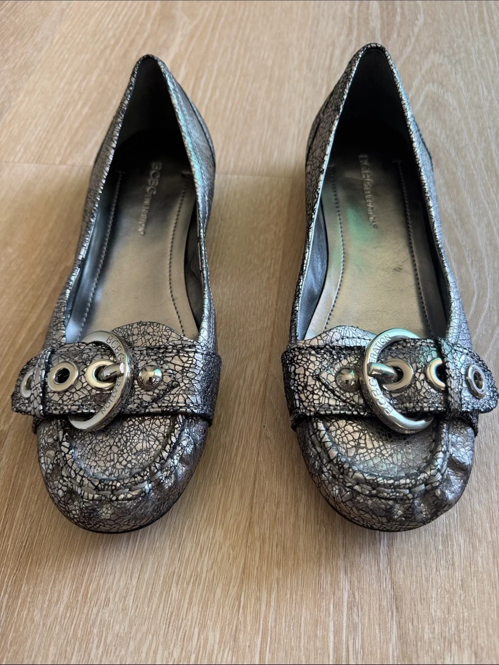 BCBGMaxAzria Metallic Silver Crackle Loafers with Buckle Detail